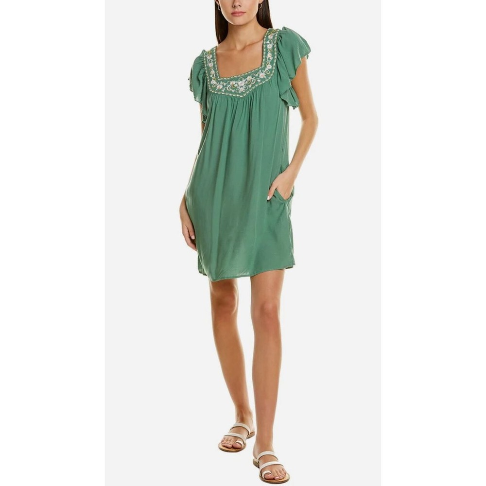 Max Studio Green Floral Embroidered Flutter Sleeve Rayon Dress XS 1909E62C